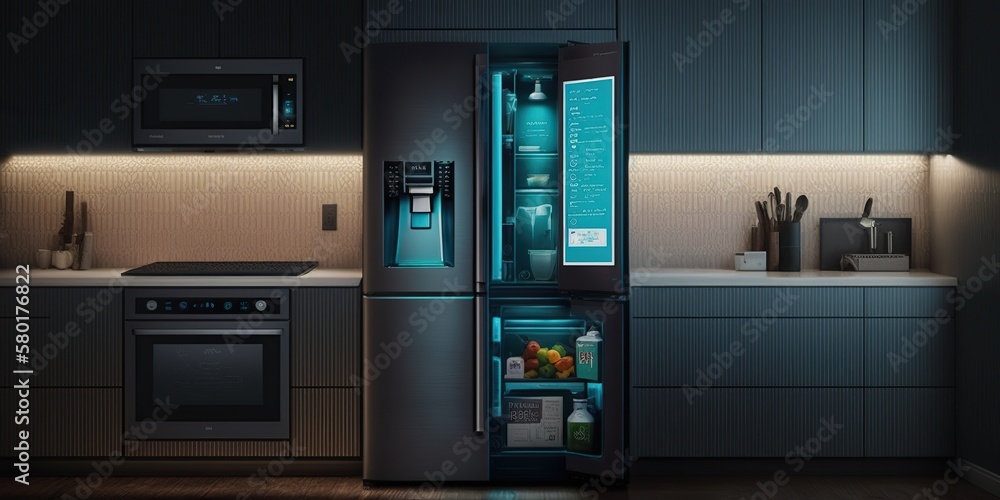 Kitchen with appliances connected to smart home system, concept of Automated Cooking, created with Generative AI technology Kitchen with appliances connected to smart home system, concept of Automated Cooking, created with Generative AI technology