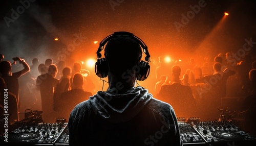 Dj in night club. Back view. DJ with headphones. Generative AI