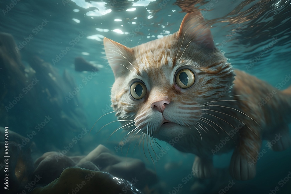 Cat underwater diving in sea, funny surprised cat face undersea, brave cat hunts for fish in sea. Generative AI