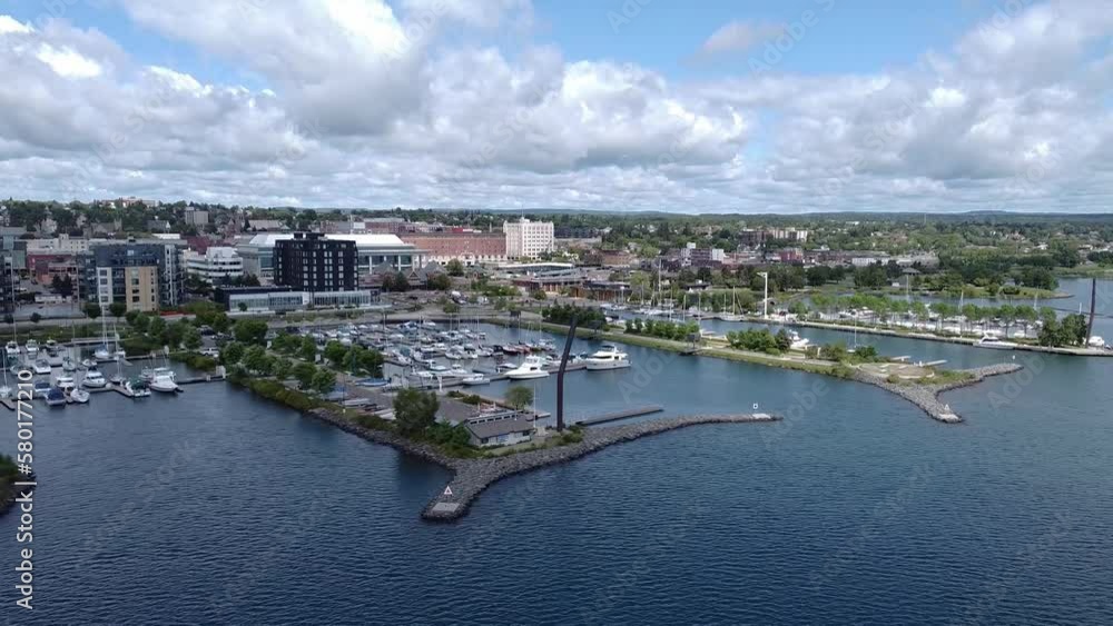Aerial view of Thunder Bay Ontario Canada Prince Arthur's Landing water front with beautiful blue sky white clouds Aerial view of Thunder Bay Ontario Canada Prince Arthur's Landing water front with beautiful blue sky white clouds