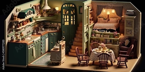 elaborate miniature dollhouse complete with tiny furniture appliances and decorations, concept of Crafts and Dollhouse Collecting, created with Generative AI technology photo