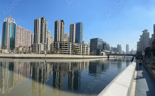 Photography Sunny day walking along the Suzhou Creek in Shanghai and observing the various a