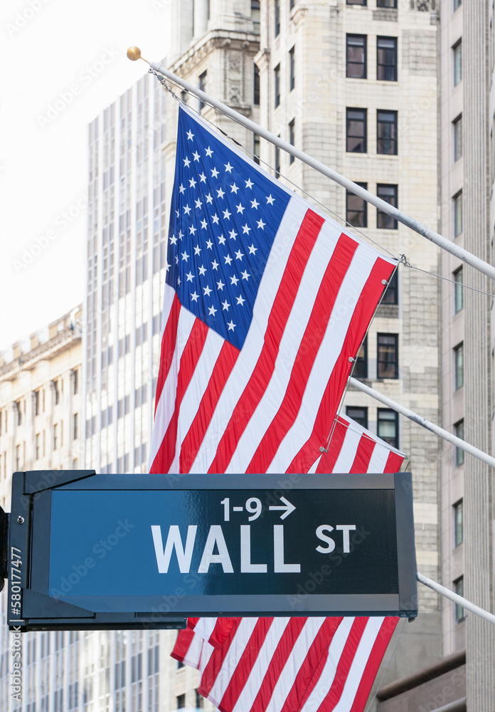 Wall street sign with American flag in background.