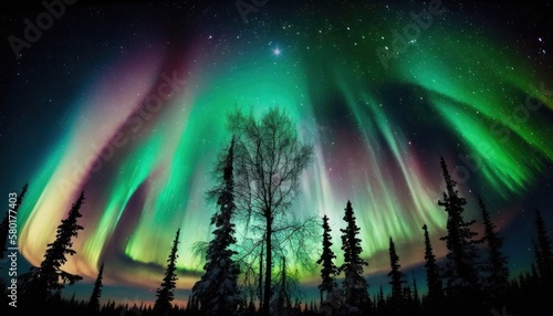 Northern lights, natural phenomenon, colorful and bright lights in the night sky. Generative AI © ColdFire