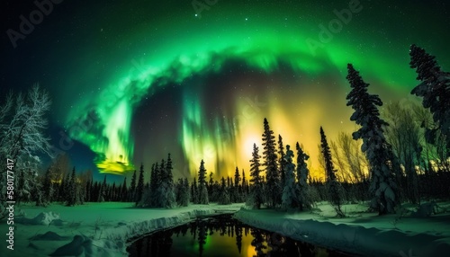 Northern lights, natural phenomenon, colorful and bright lights in the night sky. Generative AI © ColdFire