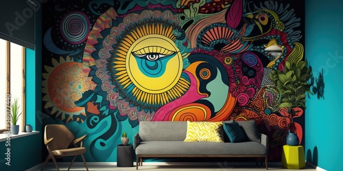 bright bold wall mural with intricate pattern showcasing maximalisms use of eye-catching patterns and imagery, concept of Bold Color Palette and Visual Interest, created with Generative AI technology photo