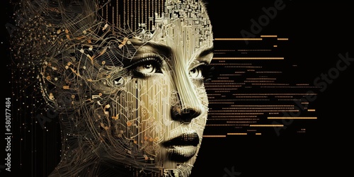 abstract representation of womans face made up of binary code and computer symbols with lines and shapes of code, concept of Data Visualization and Digital Art, created with Generative AI technology