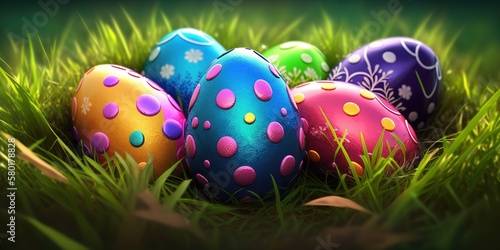 colorful easter eggs on grass festive background for decorative, easter day, Generative AI