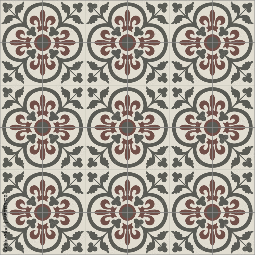 Ceramic Tiles. Hydraulic Portuguese ceramic design. Floral decorative ornament.