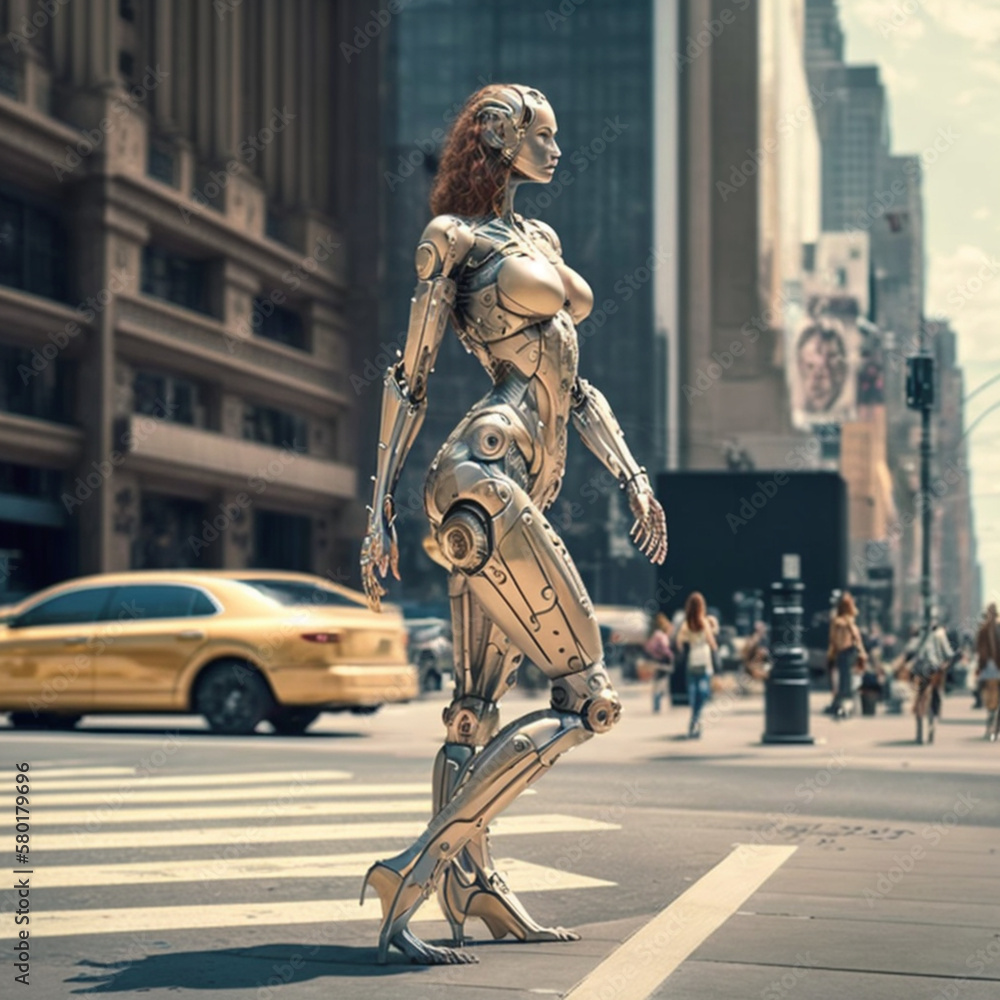 Young android robot nice metal woman on a street, creative ai Young android robot nice metal woman on a street, creative ai
