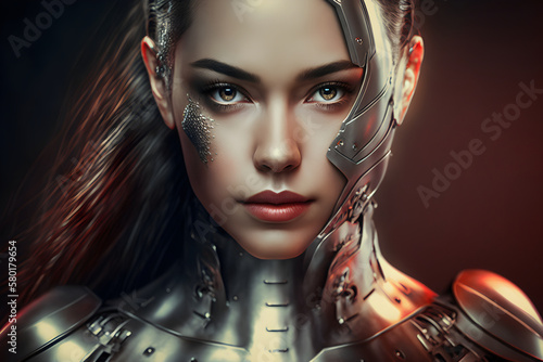 Young android head robot nice woman with part of skin and metal on a face, close up, creative ai