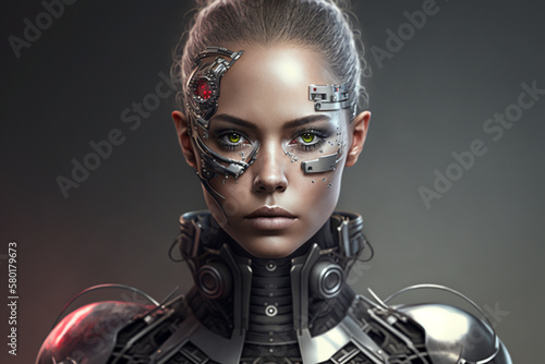 Young android head robot nice woman with part of skin and metal on a face, close up, creative ai