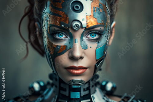 Young android head robot nice woman with part of skin and metal on a face  blue eyes  creative ai