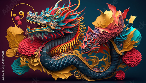 illustration chinese holiday new year symbol of 2024 .colorful dragon .Generative AI