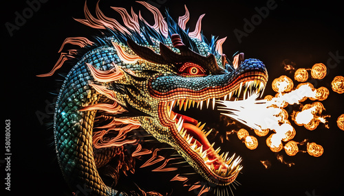 illustration chinese holiday new year symbol of 2024 .golden dragon with fire and fireworks on show .Generative AI © Sheviakova