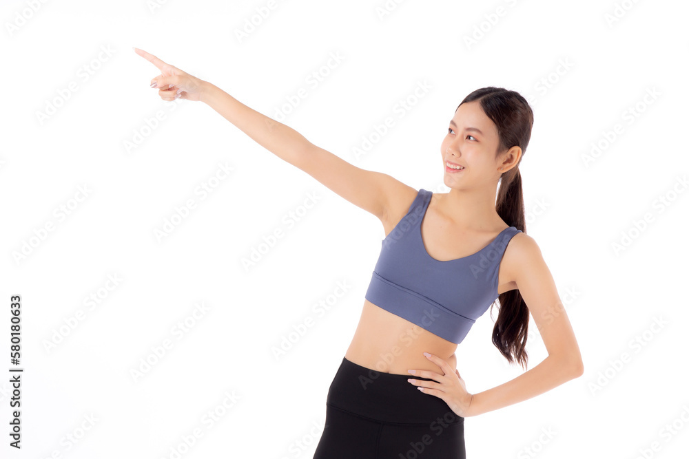 Portrait of beautiful young asian woman in sportwear smile and presenting isolated on white background, sport and exercise for health and weightloss, female and slimming showing something. Portrait of beautiful young asian woman in sportwear smile and presenting isolated on white background, sport and exercise for health and weightloss, female and slimming showing something.