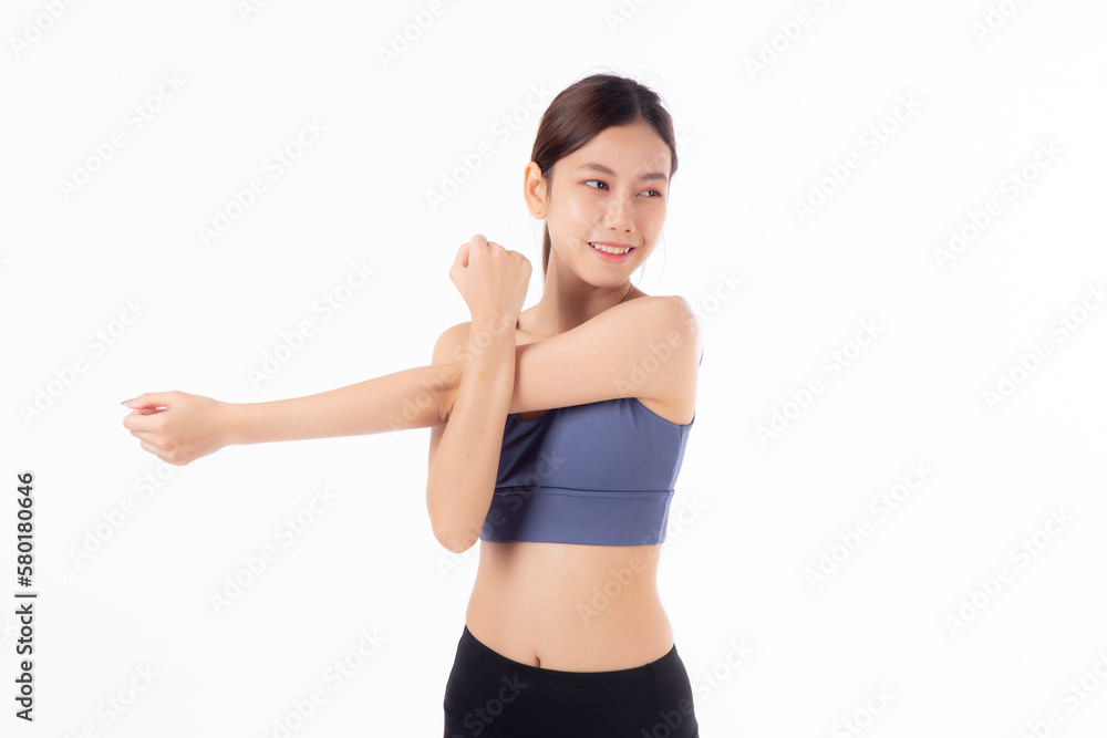 Portrait beautiful young asian woman stretching hands or arms for exercise yoga and relax isolated on white background, female workout training for muscle strong, sport and health care concept. Portrait beautiful young asian woman stretching hands or arms for exercise yoga and relax isolated on white background, female workout training for muscle strong, sport and health care concept.