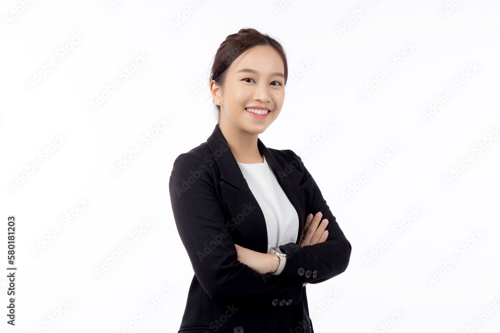 Portrait beautiful businesswoman in suit with arms crossed standing isolated on white background, young asian business woman is manager or executive smile with confident is positive and success.