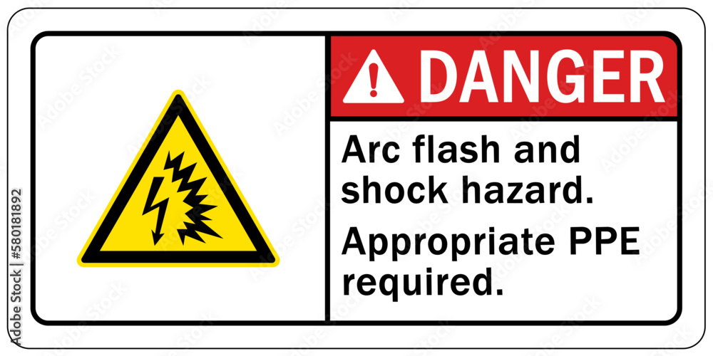 Arc flash hazard sign and labels arc flash and shock hazard. Appropriate PPE required