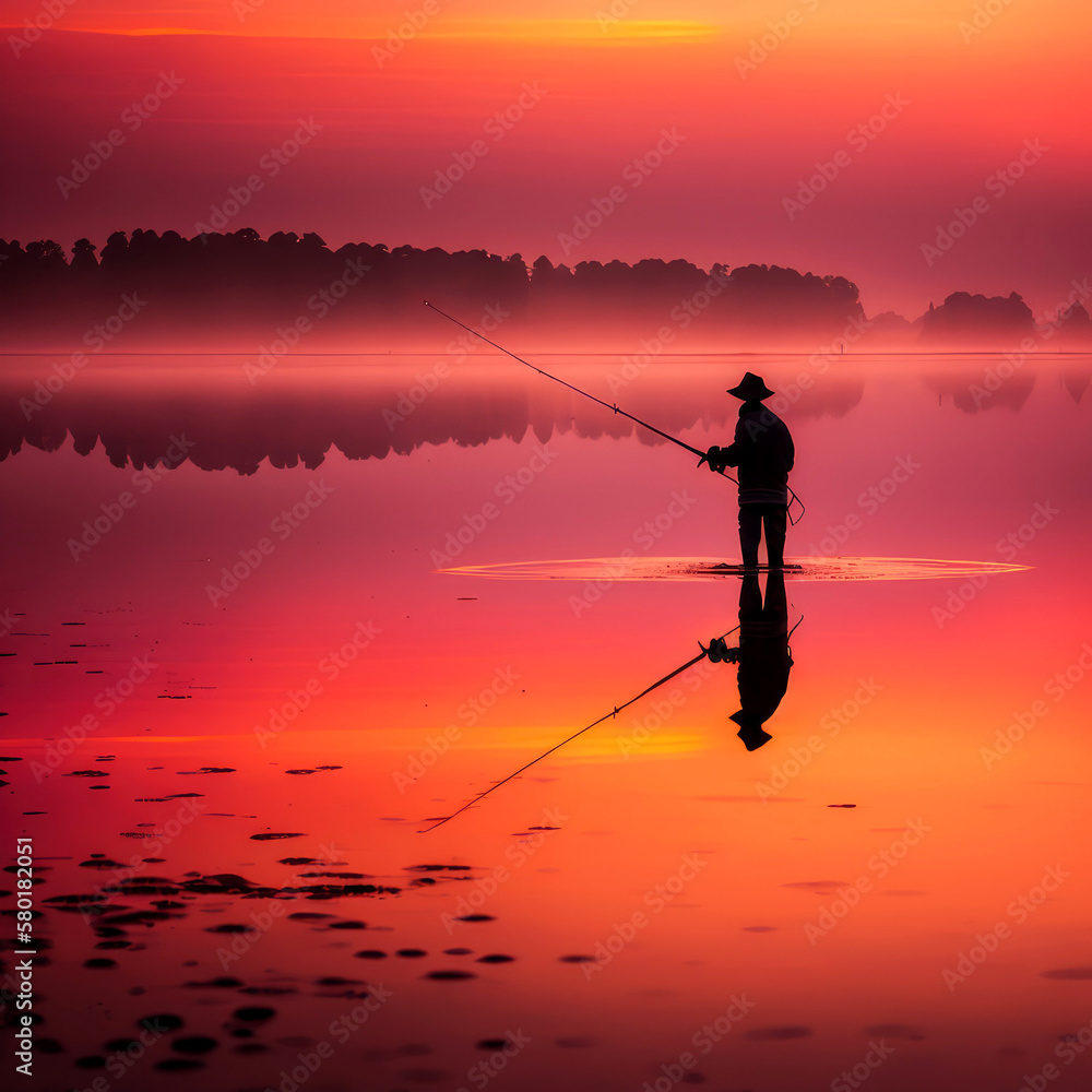 A stunning photograph capturing the artistry and tranquility of fishing at sunrise, ai A stunning photograph capturing the artistry and tranquility of fishing at sunrise, ai