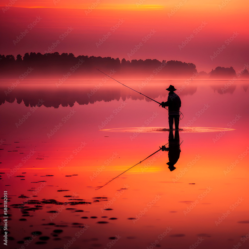 A stunning photograph capturing the artistry and tranquility of fishing at sunrise, ai