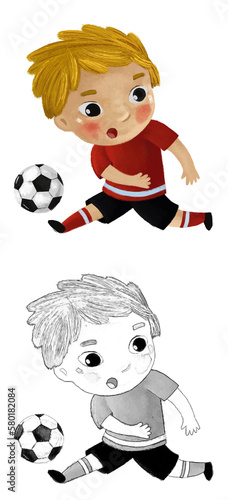 cartoon scene with kid playing running sport ball soccer football - illustration for children sketch