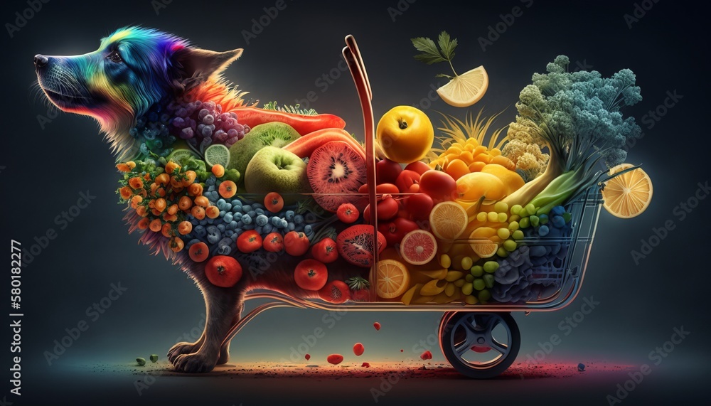 Colorful Fruits and a Playful Puppy in a Shopping Cart Colorful Fruits and a Playful Puppy in a Shopping Cart