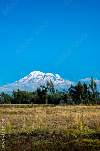 chimborazo visto desde carretera con cielo nublado y arboles 
