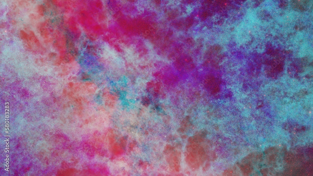 The galaxy nebula illuminating by gradation light blue and magenta and red in the deep black space and bright blink stars as procedural 3d modeling.
