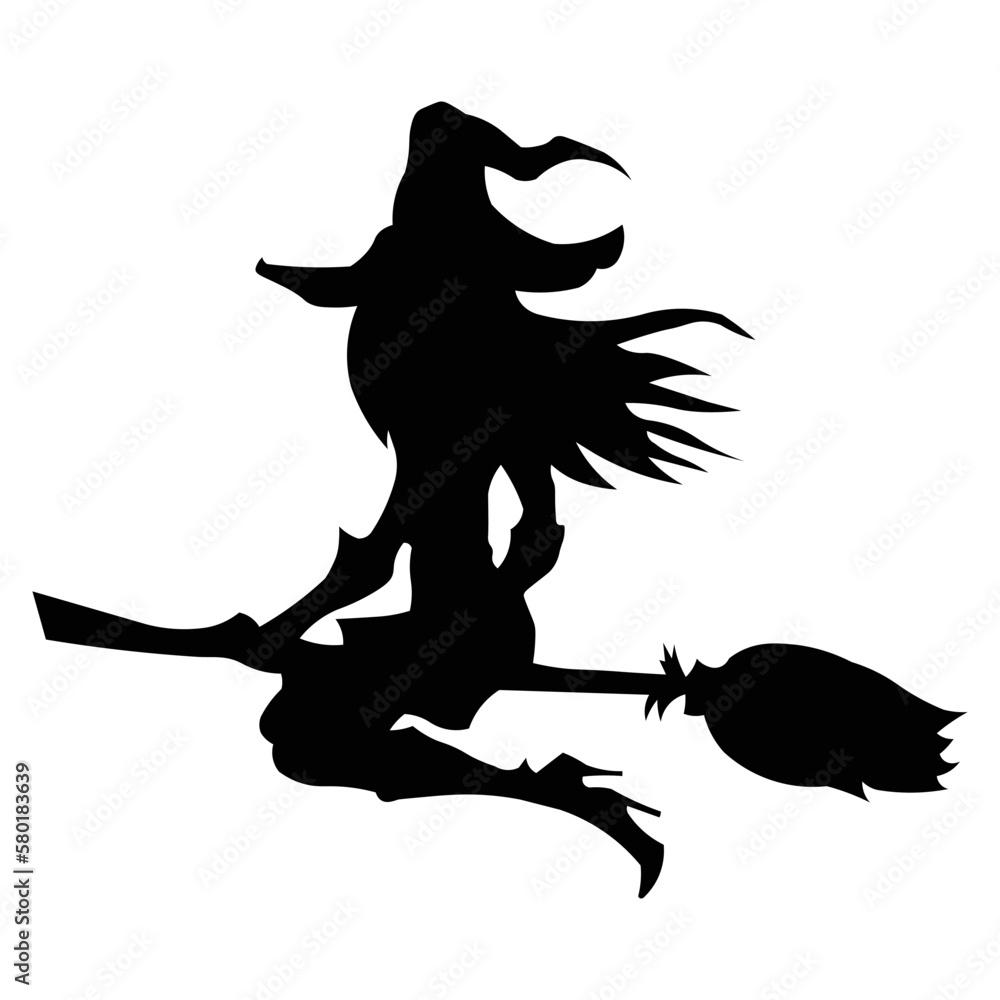 halloween, illustration or vector of witch flying on broom, silhouette
