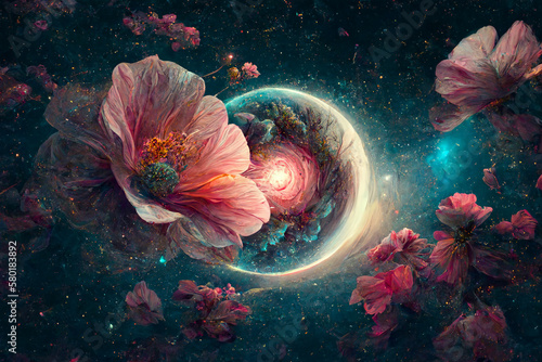 A springtime journey into the cosmos. Wellness and mindfulness with idyllic spring theme.