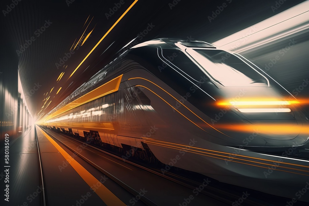 High-speed train rushing through a neon-lit tunnel. Futuristic mobility and innovation technology of the public transport in future. Generative AI. High-speed train rushing through a neon-lit tunnel. Futuristic mobility and innovation technology of the public transport in future. Generative AI.