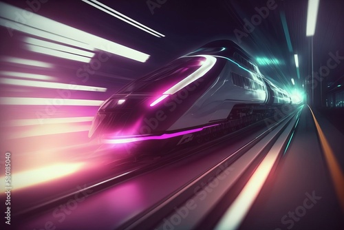 High-speed train rushing through a neon-lit tunnel. Futuristic mobility and innovation technology of the public transport in future. Generative AI.