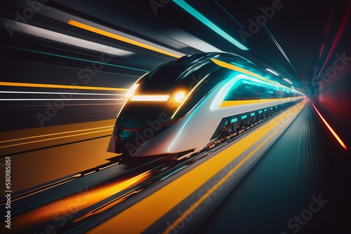 High-speed train rushing through a neon-lit tunnel. Futuristic mobility and innovation technology of the public transport in future. Generative AI.