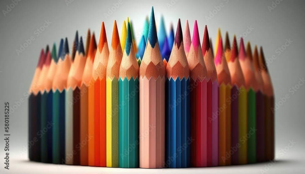 A collection of brightly colored pencils arranged in a neat row on a white background. Playful, creative, and inspiring. generative ai A collection of brightly colored pencils arranged in a neat row on a white background. Playful, creative, and inspiring. generative ai