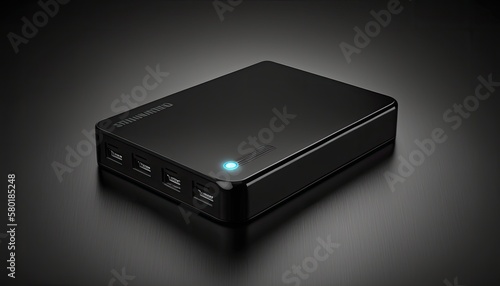 A compact and powerful external hard drive, with a sleek black finish and LED lights. The black background adds depth and enhances the hard drive's modern appearance. generative ai 