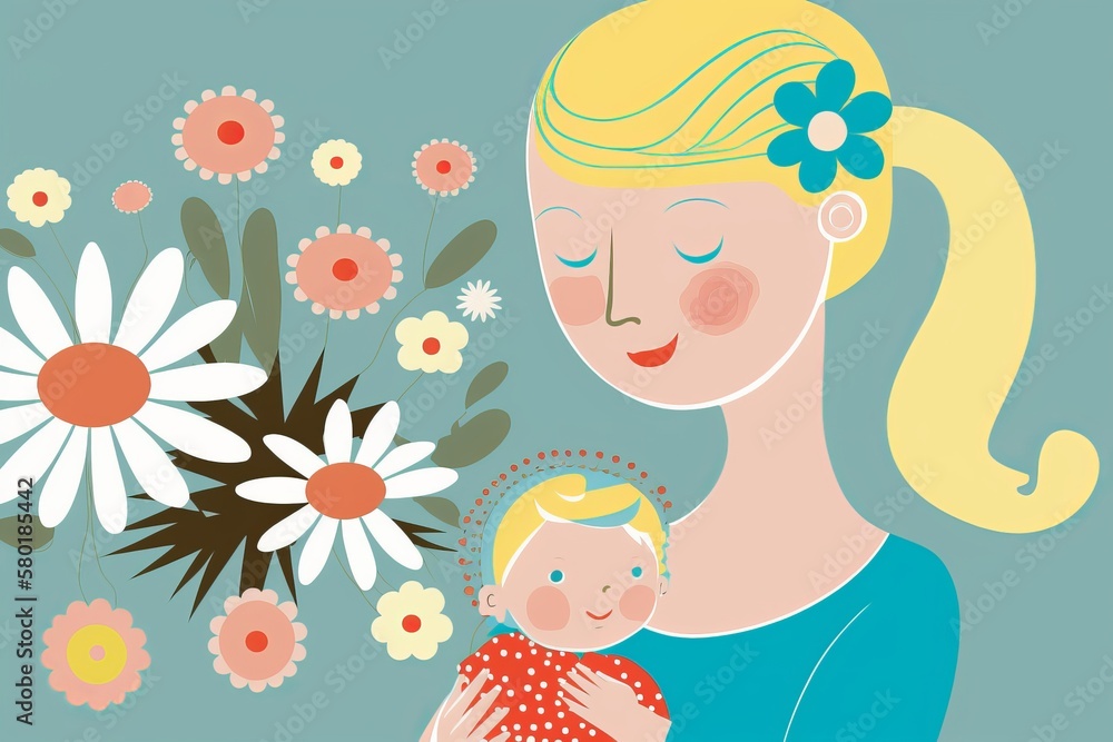 Woman holding baby in her arms. Mother hugging baby. Mother's Day. On a background with flowers. Woman holding baby in her arms. Mother hugging baby. Mother's Day. On a background with flowers.