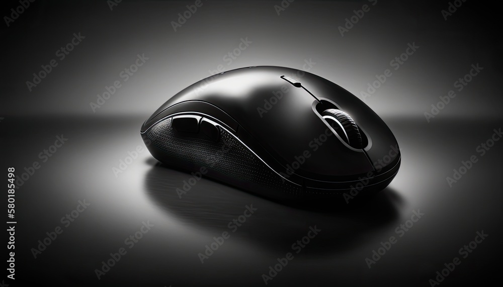 A sleek, black computer mouse on a black background, illuminated by a soft, diffused light. The atmosphere is modern and streamlined. generative ai A sleek, black computer mouse on a black background, illuminated by a soft, diffused light. The atmosphere is modern and streamlined. generative ai
