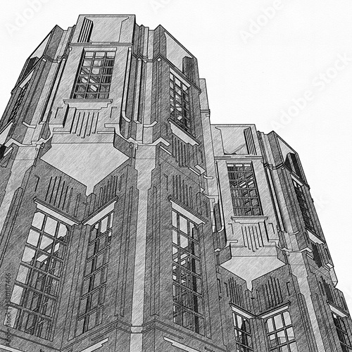 Abstract Art Deco Building Construction Structure. Graphite Pencil Drawing Illustration Isolated On White Background. An Illustration Of Skyscraper.