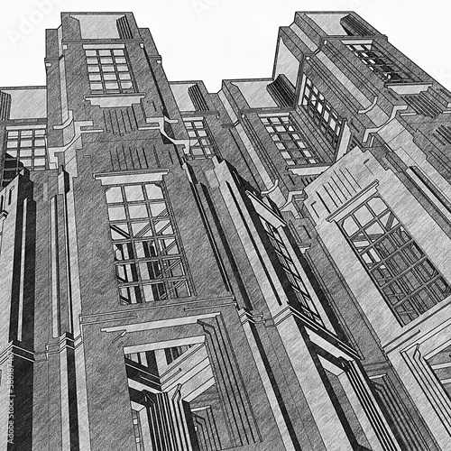 Abstract Art Deco Building Construction Structure. Graphite Pencil Drawing Illustration Isolated On White Background. An Illustration Of Skyscraper.