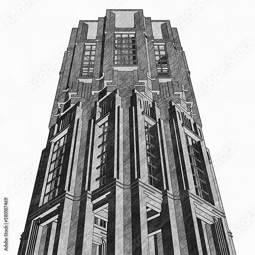 Abstract Art Deco Building Construction Structure. Graphite Pencil Drawing Illustration Isolated On White Background. An Illustration Of Skyscraper.