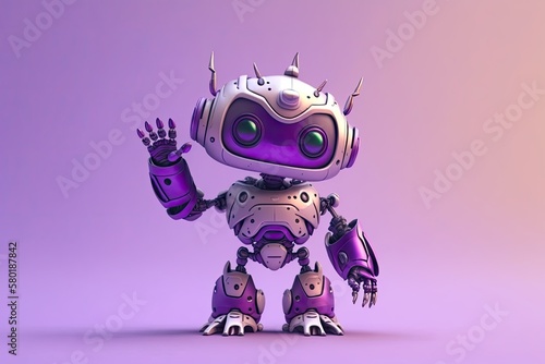 Hands up cute robot isolated on a purple backdrop. technological idea . Generative AI
