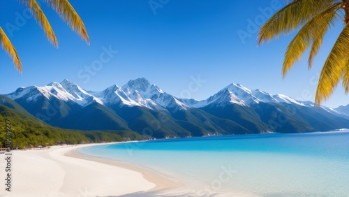 Nature landscape view of beautiful tropical beach  mountains  and sea on a sunny day. AI Generative