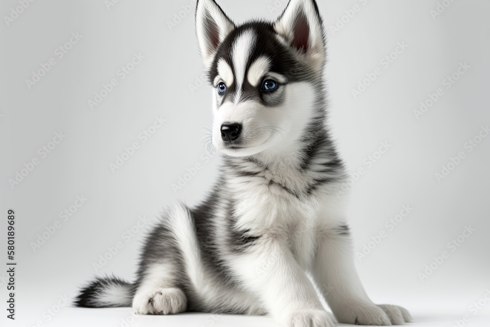 Three month old Siberian Husky puppy in front of a white background. a single Siberian husky against a pure white background. Black and white studio image of a cute little husky puppy. Stunningly ador