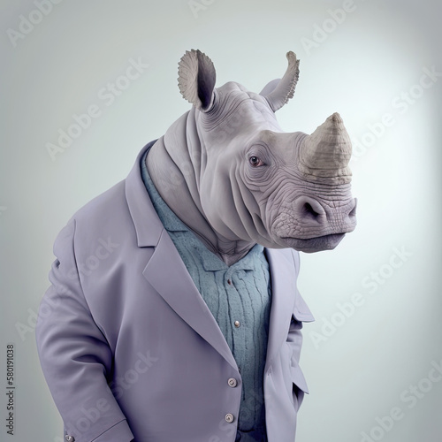 Fashion rhino in shirt. Light blue monochrome portrait. Generative AI