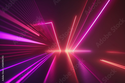 Wall with red and pink neon led light shapes. Abstract dark glow