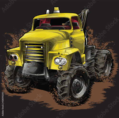 dirt yellow truck splash, isolated on black background for business elements, screen printing, digital printing,DGT,DFT and poster.