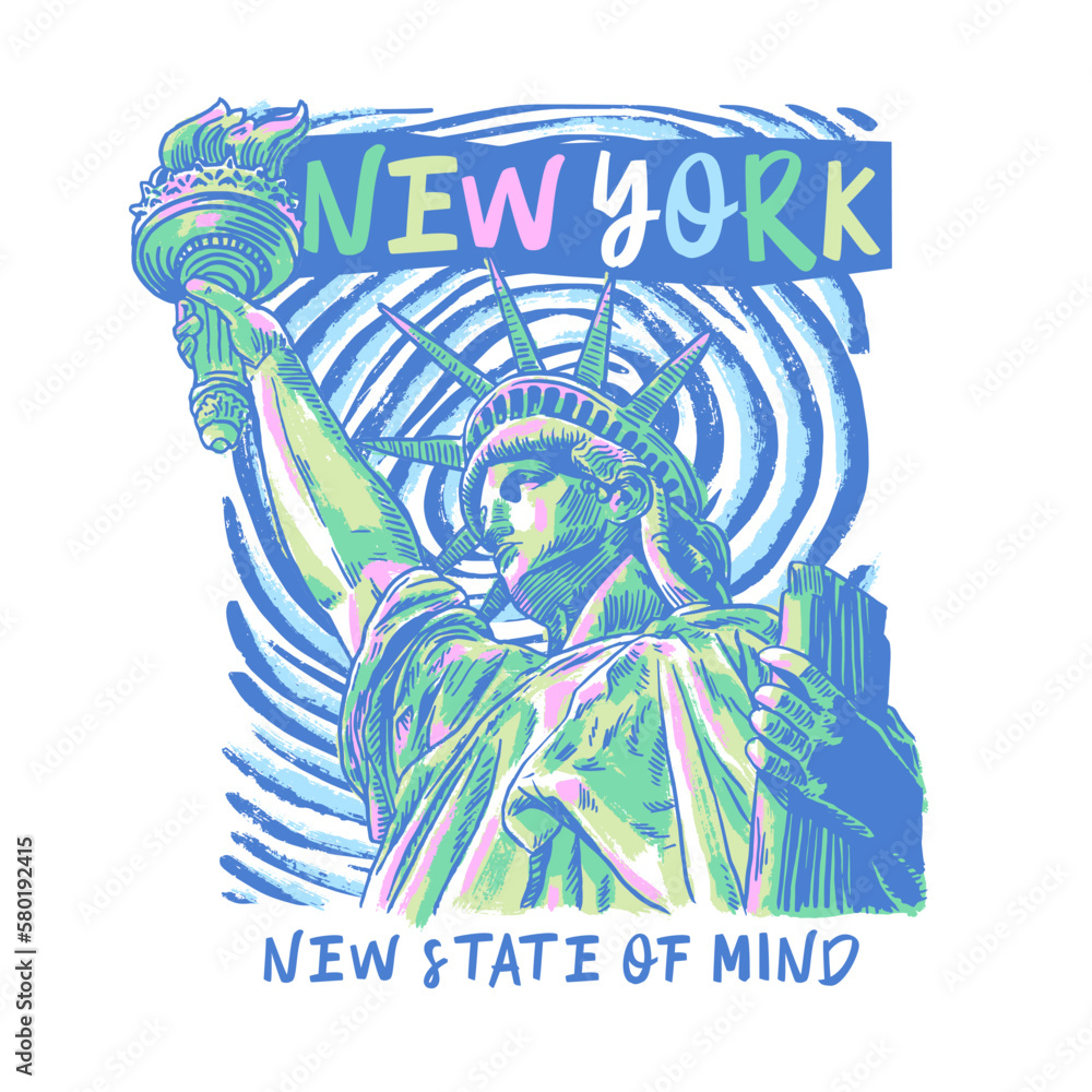 Fototapeta premium HAND DRAWN STATUE LIBERTY NEW YORK AMERICAN FREEDOM PAINTED BRUSH STROKE DISTRESSED BUILDING LANDMARK TYPOGRAPHY DESTINATION TOURIST HOLIDAY VINTAGE TSHIRT TEE PRINT FOR APPAREL MERCHANDISE