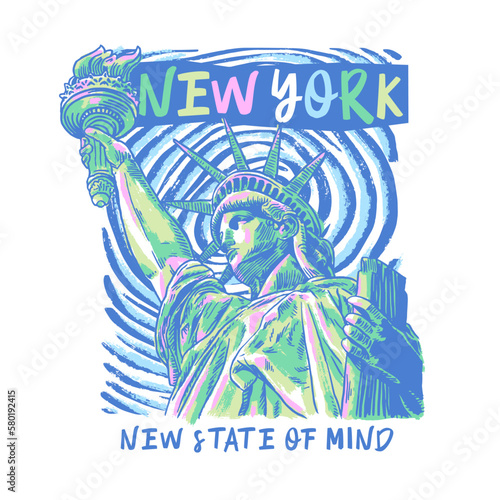 HAND DRAWN STATUE LIBERTY NEW YORK AMERICAN FREEDOM PAINTED BRUSH STROKE DISTRESSED BUILDING LANDMARK TYPOGRAPHY DESTINATION TOURIST HOLIDAY VINTAGE TSHIRT TEE PRINT FOR APPAREL MERCHANDISE