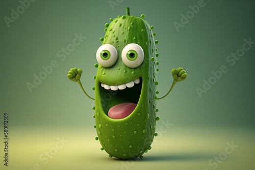Funny cucumber cartoon character. Generative AI.
